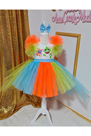 Kız Çocuk Baby Shark Tüllü Tasarım Elbise