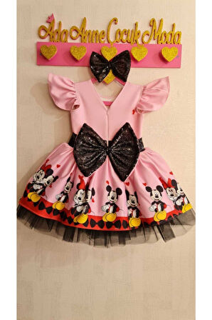 Kız Çocuk Pembe Mickey Mouse Desenli Kabarık Elbise