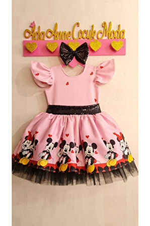 Kız Çocuk Pembe Mickey Mouse Desenli Kabarık Elbise