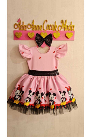 Kız Çocuk Pembe Mickey Mouse Desenli Kabarık Elbise
