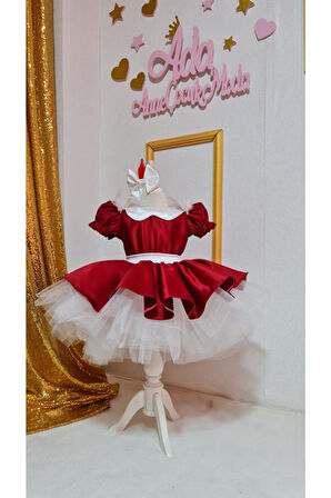 Kız Çocuk Kabarık Tüllü Kırmızı Yılbaşı Konsept Elbise
