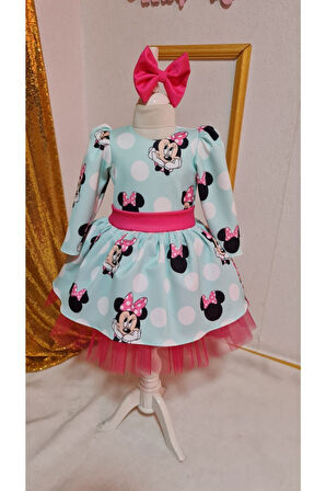 Kız Çocuk Minnie Mickey Mouse Desenli Tüllü Kabarık Elbise
