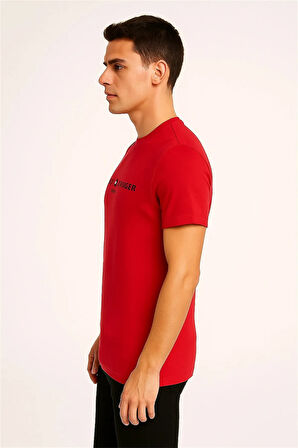 BİSİKLET YAKA NAKIŞLI T-SHİRT KIRMIZI TOMMY