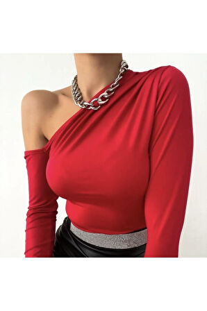 Kadın Kırmızı Asimetrik Kol Omzu Açık Uzun Kollu Bluz