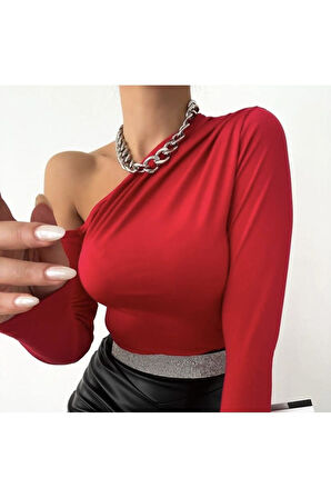 Kadın Kırmızı Asimetrik Kol Omzu Açık Uzun Kollu Bluz