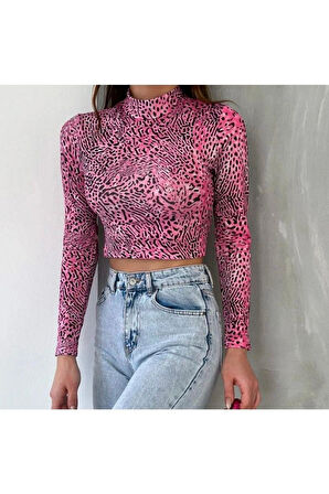 Kadın Pembe Leopar Desenli Dik Yaka Sandy Uzun Kollu Crop Bluz