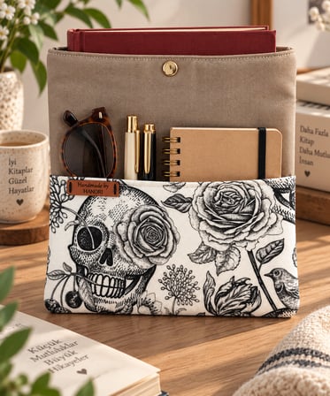 🖤 Hanori Kurukafa & Gül Desenli Kitap Kılıfı & Tablet Kılıfı – El Yapımı Çok Amaçlı Kılıf