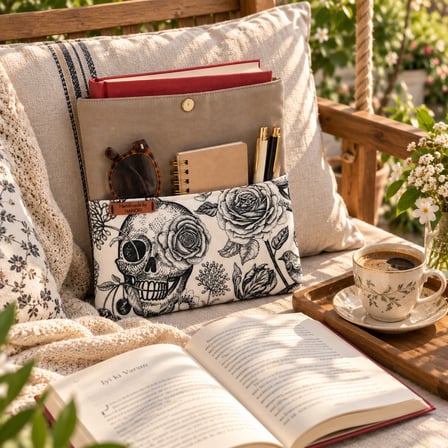 🖤 Hanori Kurukafa & Gül Desenli Kitap Kılıfı & Tablet Kılıfı – El Yapımı Çok Amaçlı Kılıf