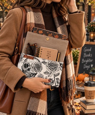 🖤 Hanori Kurukafa & Gül Desenli Kitap Kılıfı & Tablet Kılıfı – El Yapımı Çok Amaçlı Kılıf