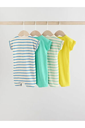 % 100 Pamuklu Mavi Yeşil Dinozor Desenli 4'lü Romper Set