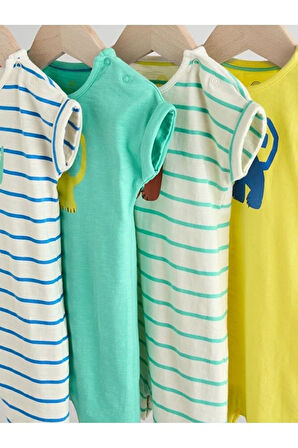 % 100 Pamuklu Mavi Yeşil Dinozor Desenli 4'lü Romper Set