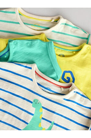 % 100 Pamuklu Mavi Yeşil Dinozor Desenli 4'lü Romper Set