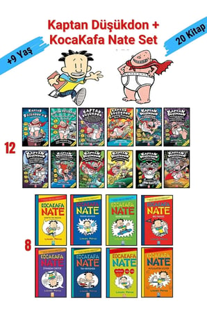 Kaptan Düşükdon 12 Kitap + KocaKafa Nate 8 Kitap Tam Set, Çocuklar için Çizgi Roman Seti, 20 Kitap
