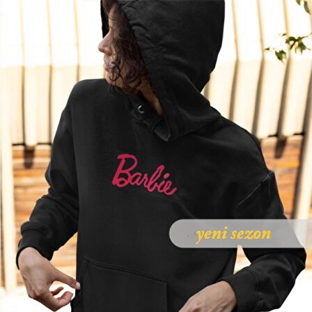 Kapüşonlu ipli Mevsimlik Kadın Barbie Sweatshirt Hoodie Siyah Pembe L