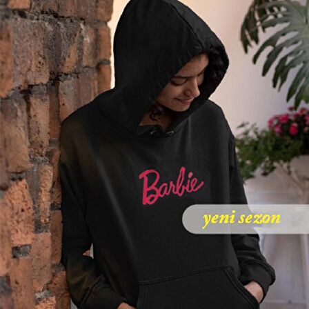 Kapüşonlu ipli Mevsimlik Kadın Barbie Sweatshirt Hoodie Siyah Pembe L