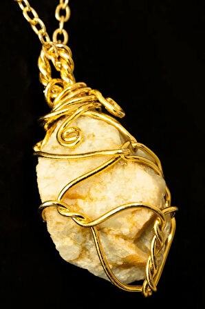 Sertifikalı Ham Işlenmemiş Tel Sargılı Amazonit Taşı Kolye - Altın Kaplama