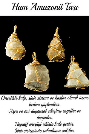 Sertifikalı Ham Işlenmemiş Tel Sargılı Amazonit Taşı Kolye - Altın Kaplama