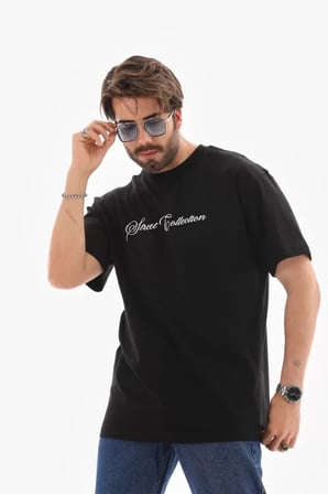 JANES Unisex Bisiklet Yaka Baskılı Oversize T-Shirt - Siyah