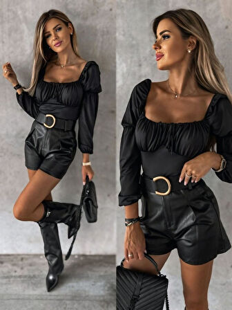 JANES Kadın Uzun Kollu Kare Yaka Göğüs Büzgü Detay Sandy Bluz