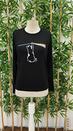 JANES Kadın Uzun Kollu Bisiklet Yaka Baskılı Iki Iplik Bluz