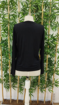 JANES Kadın Uzun Kollu Bisiklet Yaka Baskılı Iki Iplik Bluz