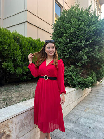 JANES Kadın şifon Kumaş Astalı Kloş Kesim Kruvaze Yaka Midi Boy Elbise