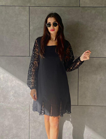 JANES Kadın Uzun Kollu Yuvarlak Yaka Kol Ve Etek Ucu Dantelli Kısa Ithal Krep Elbise