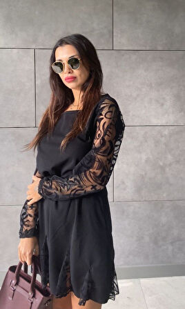 JANES Kadın Uzun Kollu Yuvarlak Yaka Kol Ve Etek Ucu Dantelli Kısa Ithal Krep Elbise