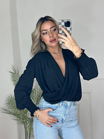 JANES Kadın Uzun Kollu Dökümlü Kruvaze Yaka Kol Ucu Gipeli Sandy Bluz