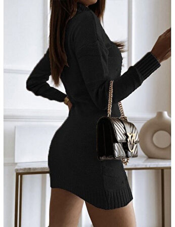 JANES Kadın Uzun Kollu Balıkçı Yaka Triko Mini Boy Elbise