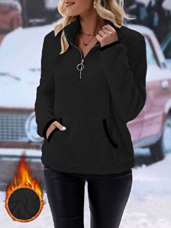 JANES Kadın Uzun Kollu önden Fermuarlı Cepli Peluş Sweat