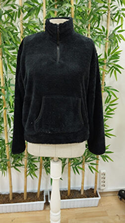 JANES Kadın Uzun Kollu önden Fermuarlı Cepli Peluş Sweat