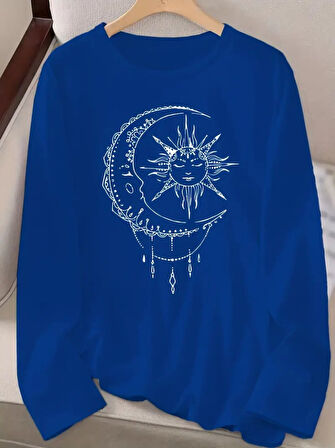 JANES Kadın Uzun Kollu Bisiklet Yaka Ay Baskılı Viskon Bluz