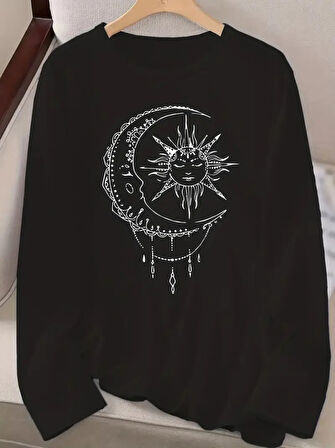 JANES Kadın Uzun Kollu Bisiklet Yaka Ay Baskılı Viskon Bluz