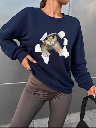JANES Kadın Uzun Kollu Bisiklet Yaka Kedi Desenli Viskon Iki Iplik Bluz