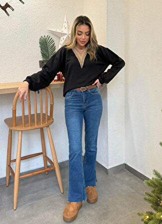 JANES Kadın Uzun Kollu V Dantel Yaka şardonsuz üç Iplik Bluz