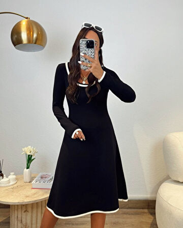 JANES Kadın Uzun Kollu Derin Yuvarlak Yakalı Kısa Viskon Iki Iplik Elbise