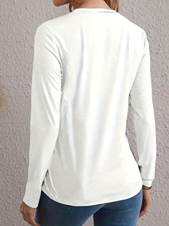 JANES Kadın Uzun Kollu Bisiklet Yaka Kalp Desenli Bluz