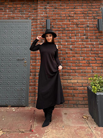 JANES Kadın Balıkçı Yaka Omuzlardan Açık Uzun Kollu Janjan Krep Elbise