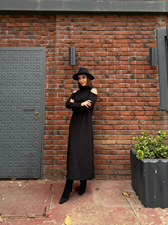 JANES Kadın Balıkçı Yaka Omuzlardan Açık Uzun Kollu Janjan Krep Elbise