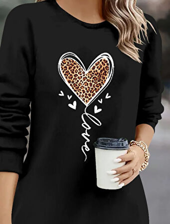 JANES Kadın Uzun Kollu Bisiklet Yaka Kalp Desenli Kısa Viskon Elbise