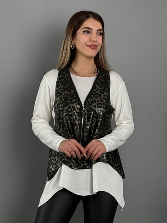 JANES Kadın Yılan Desen Fermuar Detay Yelek Ve Asimetrik Kesim Bluz Salaş Ikili Takım