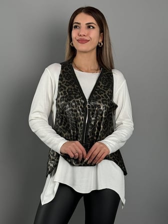 JANES Kadın Yılan Desen Fermuar Detay Yelek Ve Asimetrik Kesim Bluz Salaş Ikili Takım