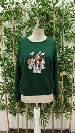 JANES Kadın Yılbaşı Özel Uzun Kollu Bisiklet Yaka Desenli Viskon Iki Iplik Bluz