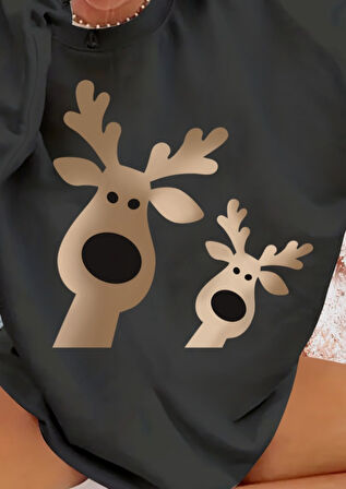 JANES Kadın Yılbaşı Özel Uzun Kollu Bisiklet Yaka Geyik Desenli Viskon Iki Iplik Bluz