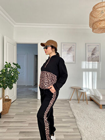 JANES Kadın Uzun Kollu Leopar Detay Sweat Ve Yanı Leopar şerit Detay Pantolon Ikili Takım
