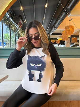 JANES Kadın Uzun Kollu Bisiklet Yaka Kedi Baskılı şardonlu Dalgıç Bluz