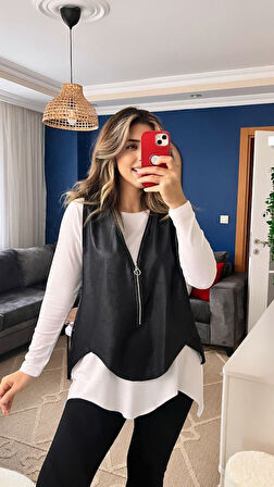 JANES Kadın Uzun Kol Asimetrik Kesim Viskon Bluz Ve çatlak Deri Görünümlü Fermuar Detaylı Yelek Ikil