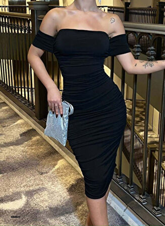 JANES Kadın Madonna Yaka Sandy Kumaş Büzgü Detay Midi Boy Elbise