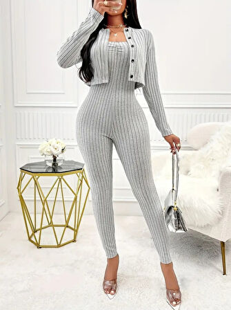 JANES Kadın Uzun Kollu şardonlu Kaşkorse Straplez Ile Kısa önden Düğmeli Ceket Ikili Takım